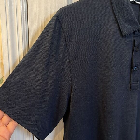 Travis Matthew Navy Blue Tiny Striped Short Sleeve Polo with Side Slits- Medium - Picture 3 of 16